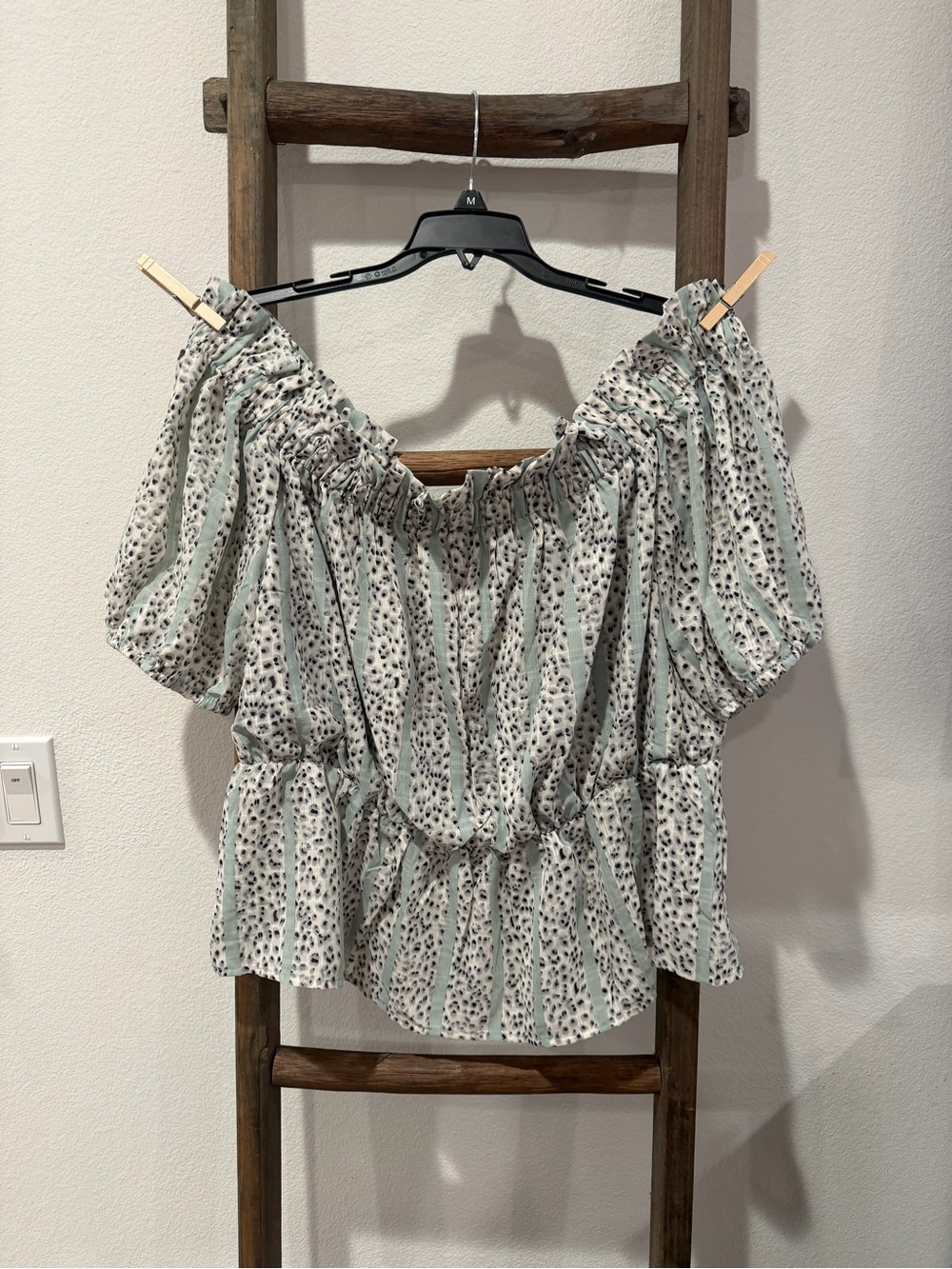 Off-Shoulder Mint Green Printed Peplum Blouse